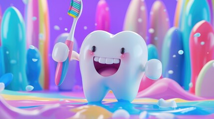 Happy tooth character with toothbrush and toothpaste in bathroom setting for dental hygiene concept background