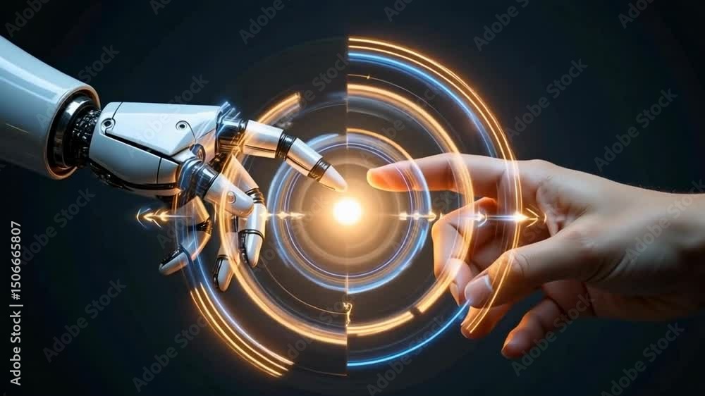 Aufkleber the image depicts a robotic hand and a human hand reaching towards each other, surrounded by glowing