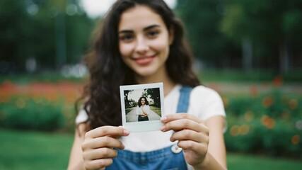 Young woman smiling while holding a polaroid photo in a garden   - Powered by Adobe
