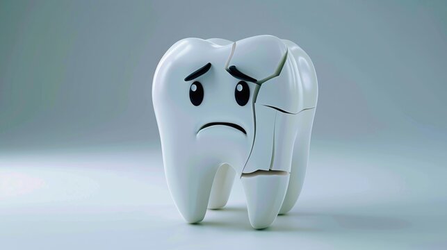 Cracked tooth character with sad expression on neutral background for medical dental concept with free place for text