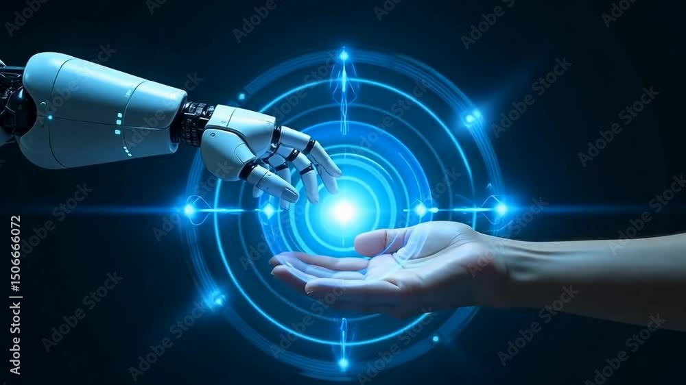 Aufkleber the image depicts a robotic hand and a human hand reaching towards each other, surrounded by glowing