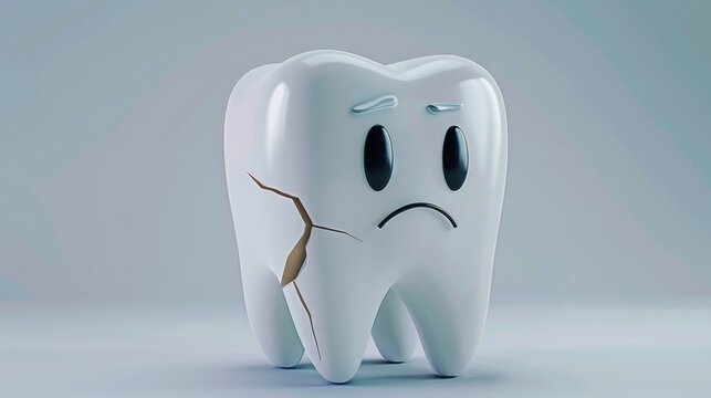 Cracked tooth character with sad expression on neutral background for medical dental concept with free place for text