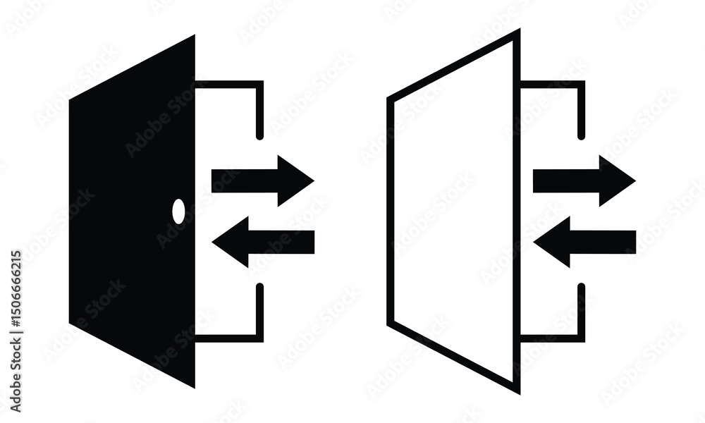 Poster door icon set flat style. exit and enter direction doorway fill, stroke outline icons element collec