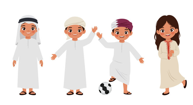 Cartoon depiction of children in traditional Middle Eastern clothing