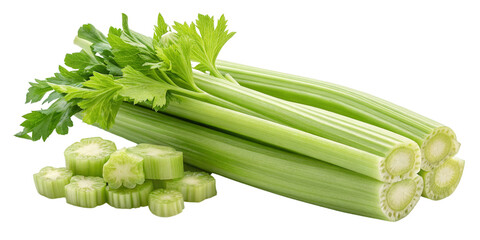 Fresh Celery Stalks and Slices, Isolated on Transparent Background, Healthy Vegetable, Green Food, Celery, Vegetable, Produce