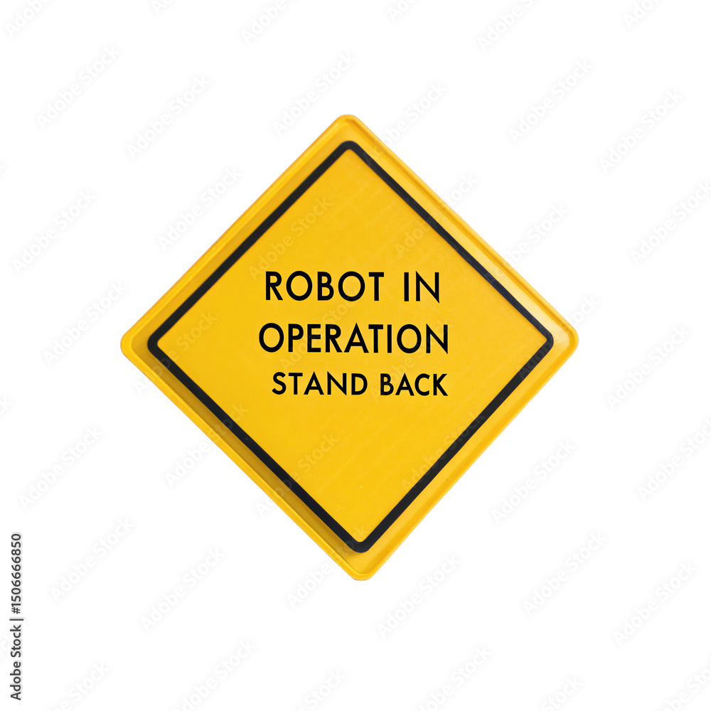 Poster yellow diamond shaped warning sign with black border displaying robot in operation stand back messag