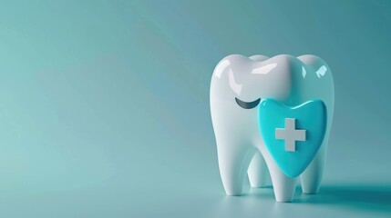 Cartoon smiling tooth character with protective shield on green background for dental care concept and place for text