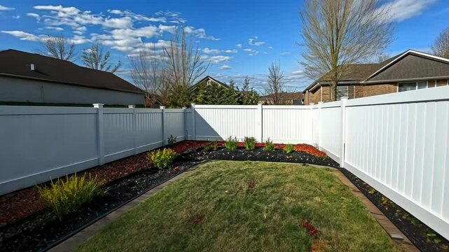 Sunny backyard with white vinyl fence, small landscaped garden, and patchy grass