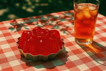 Retro picnic delight with jello mold and iced tea on checkered tablecloth