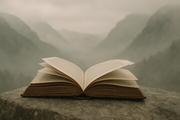 Antique book placed on a rock in a serene natural landscape