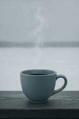 Zen winter tea composition: tranquil moment with steaming cup in minimalist setting