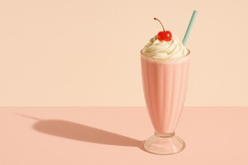 Retro milkshake delight with cherry and whipped cream in soft pastel setting