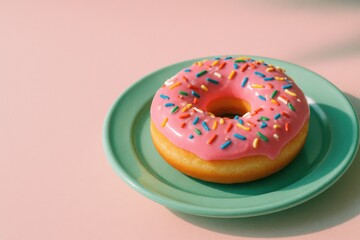 Pastel donut delight with sprinkles on green plate for dessert inspiration