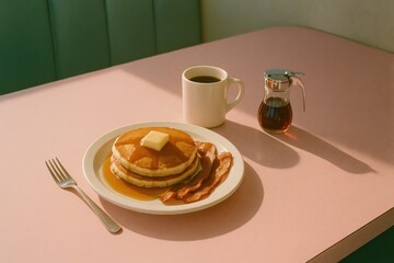 Cozy retro diner breakfast with pancakes and coffee in a nostalgic setting