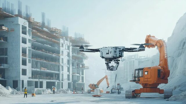 An automated construction site where drones and robots work together to assemble prefabricated building components