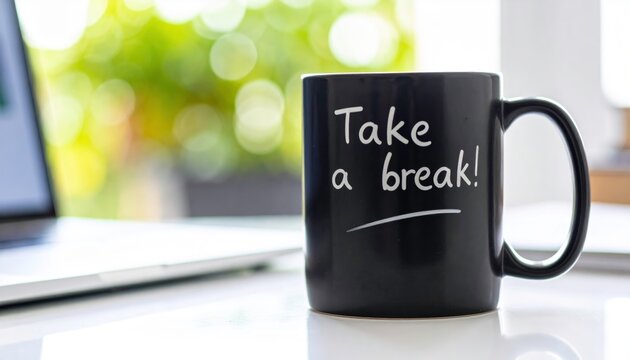 Black mug with the words take a break is on a table. Suitable for social media posts, website banners, and promotional materials.