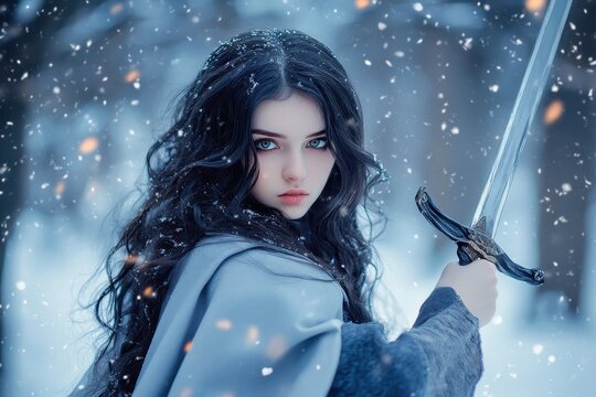 Winter Princess. Charming and Attractive Lady in Snowy Forest, A Militant Elf Princess with Black Long Flying Hair Holding Sword, Dressed in Loose Gray Warm Dress and Cloak in Sparks of Fire