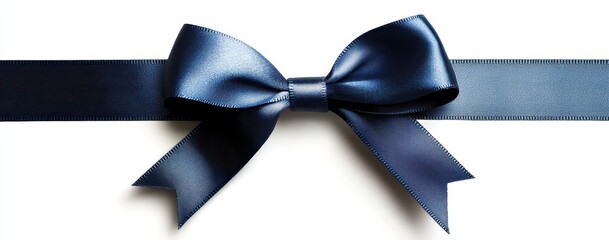 A navy blue satin ribbon tied in a classic bow, centered on a white background
