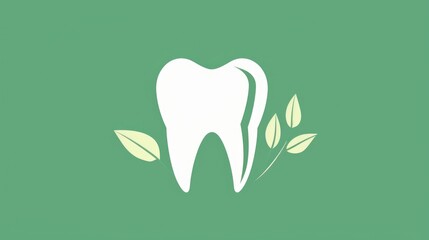 Obraz premium White tooth with green leaves on neutral background representing natural dental care and eco-friendly oral health