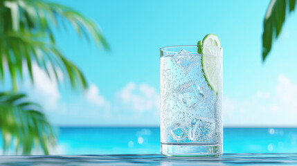 Refreshing glass of hard seltzer with ice and lime slice, set against vibrant tropical background, evokes sense of relaxation