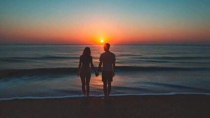 Silhouette of couple holding hands, watching sunrise over ocean - Powered by Adobe