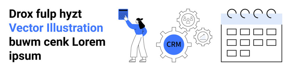 Person holding document, CRM gears, and calendar. Ideal for project planning, task management, teamwork, scheduling, organization, CRM systems simple landing page