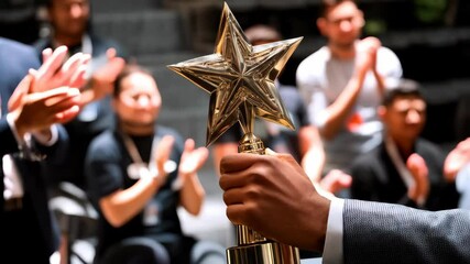 Close up of hand holding a golden star trophy; diverse group clapping and celebrating success at an awards ceremony or corporate event