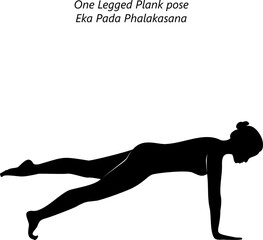 Silhouette of woman practicing Eka Pada Phalakasana yoga pose. One Legged Plank yoga pose. Intermediate Difficulty. Isolated vector illustration