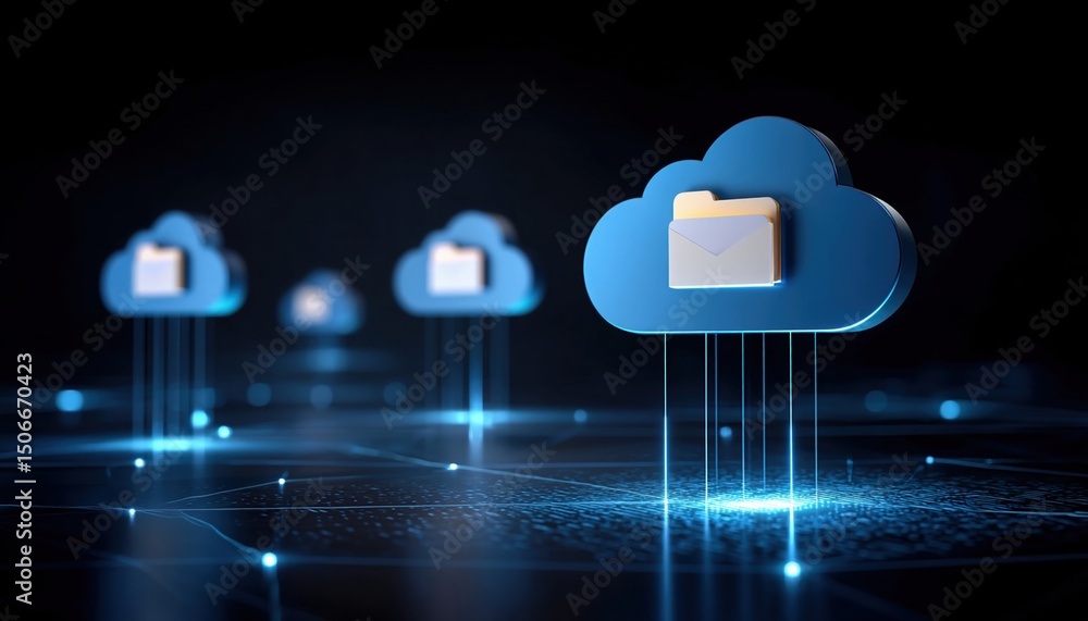 Poster cloud technology concept modern cloud technologies data center concept with digital folder and envel