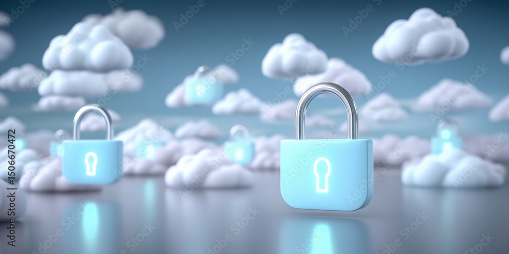 Poster cloud technology concept with modern data center and cloud technologies showing security and protect