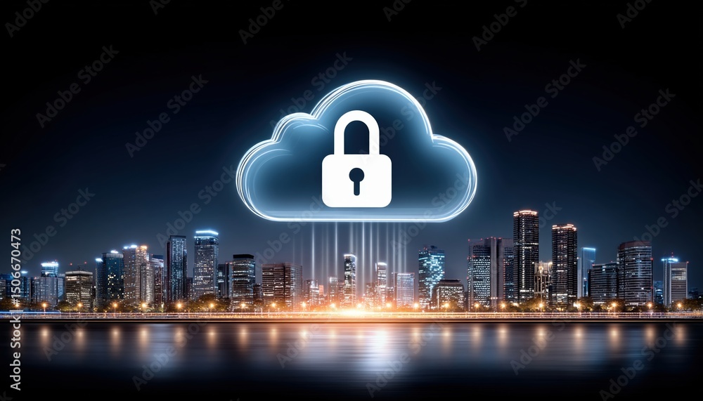 Poster cloud technology concept with modern data center and cloud technologies symbolizing secure data stor