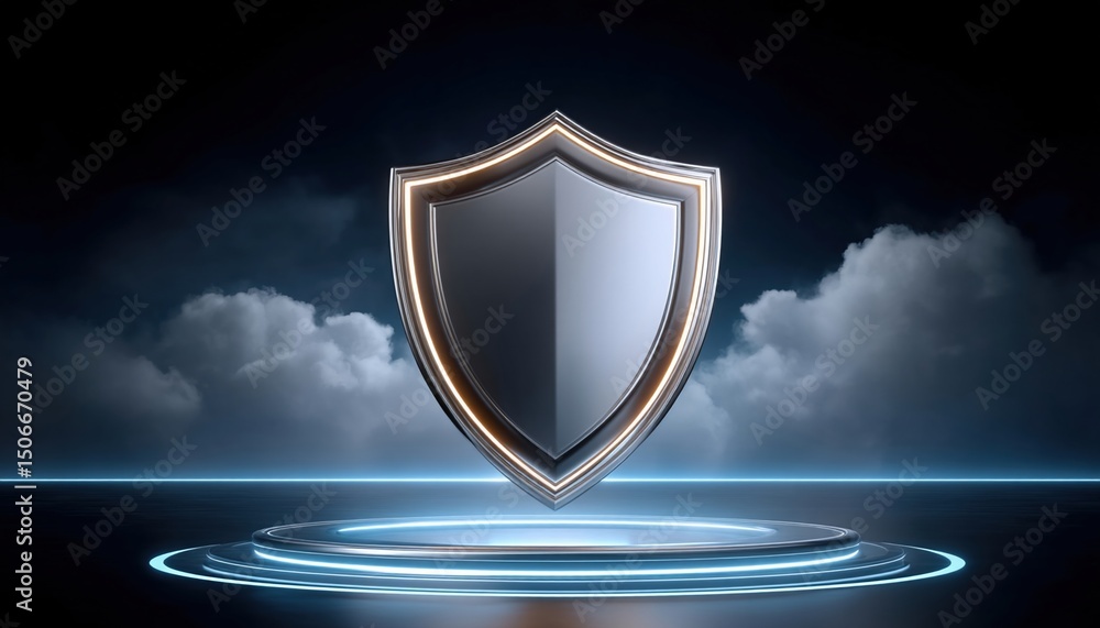 Poster modern cloud technology concept with shield symbolizing data protection in futuristic data center en