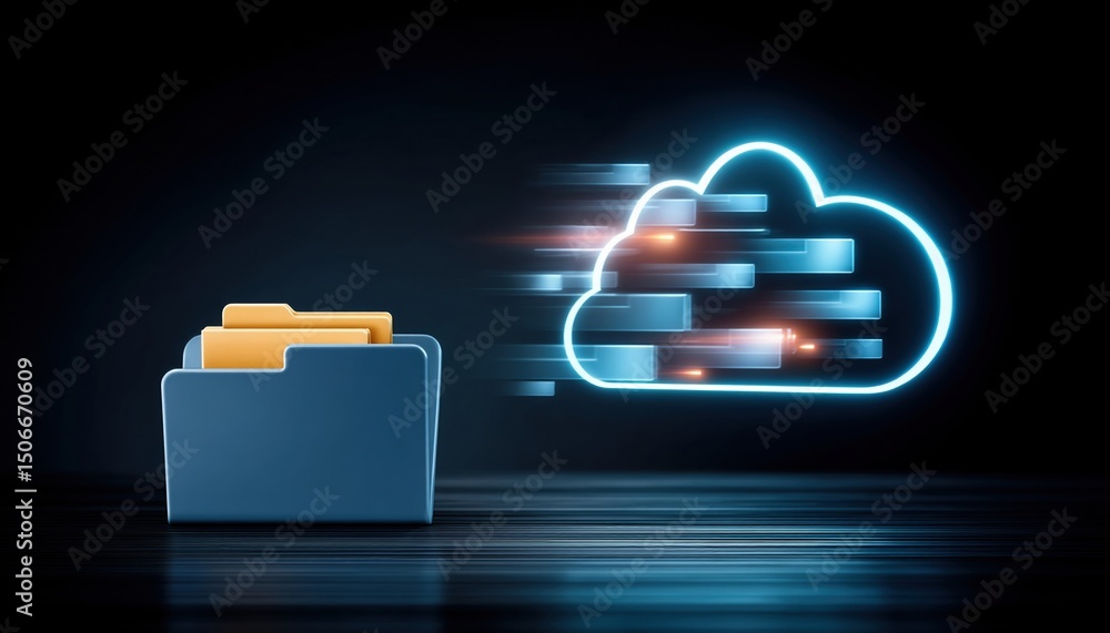 Poster cloud technology concept with data transfer from folder to cloud symbol representing modern cloud te