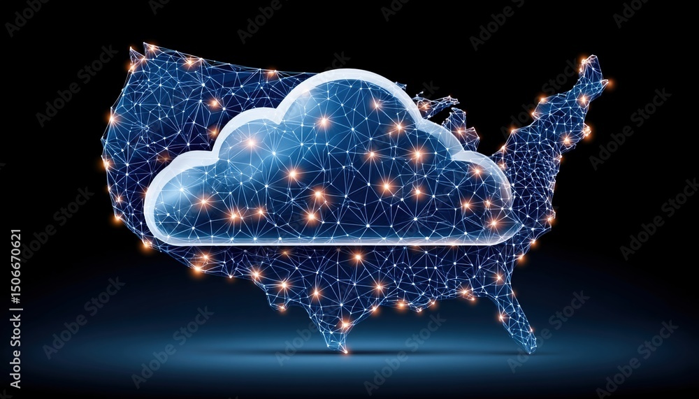 Poster modern cloud technology concept with glowing data points over digital map representing cloud data ce