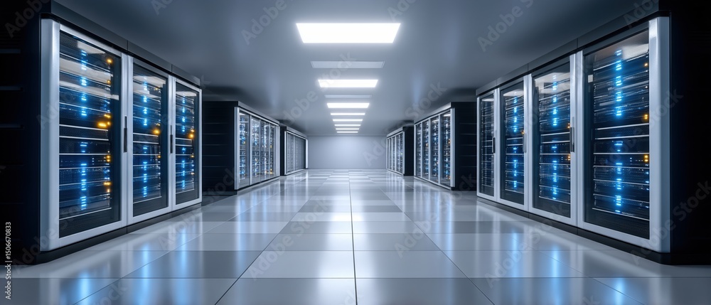 Poster modern cloud technology concept in data center with advanced cloud technologies and servers creating