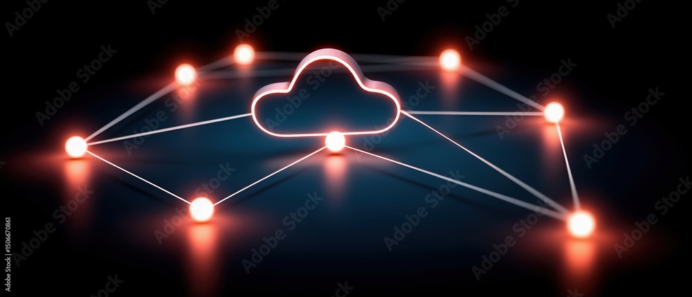 Poster cloud technology concept with glowing network nodes connected to modern cloud data center symbolizin