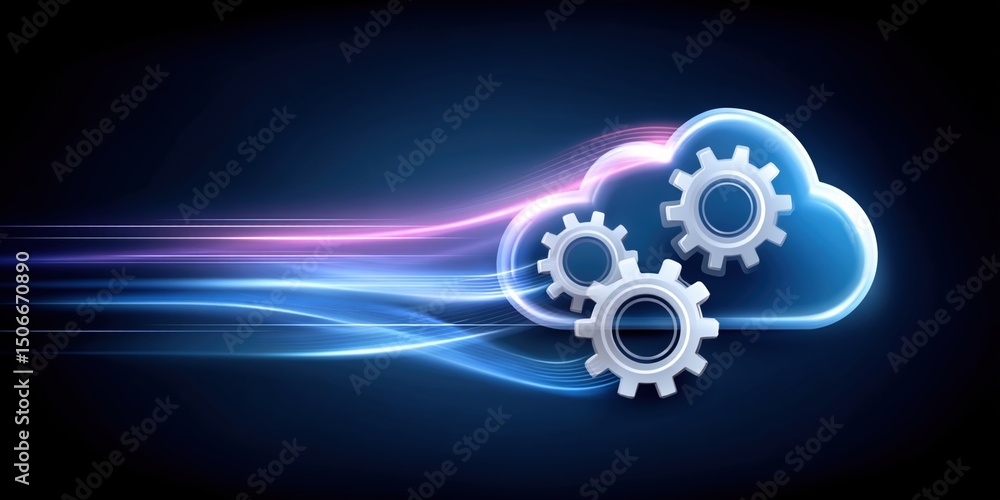Poster cloud technology concept with modern data center and cloud technologies symbolized by glowing gears 