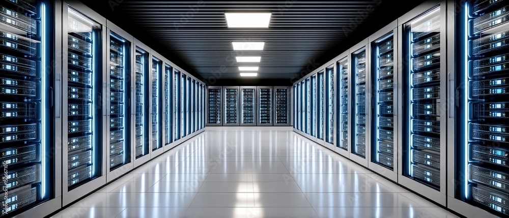 Poster modern data center with cloud technology concept showing rows of server racks and advanced cloud tec