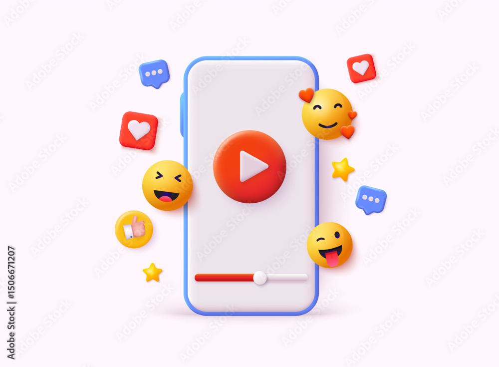 Poster 3d render social media and technology with smartphone, like button and geometric shapes, chat. onlin