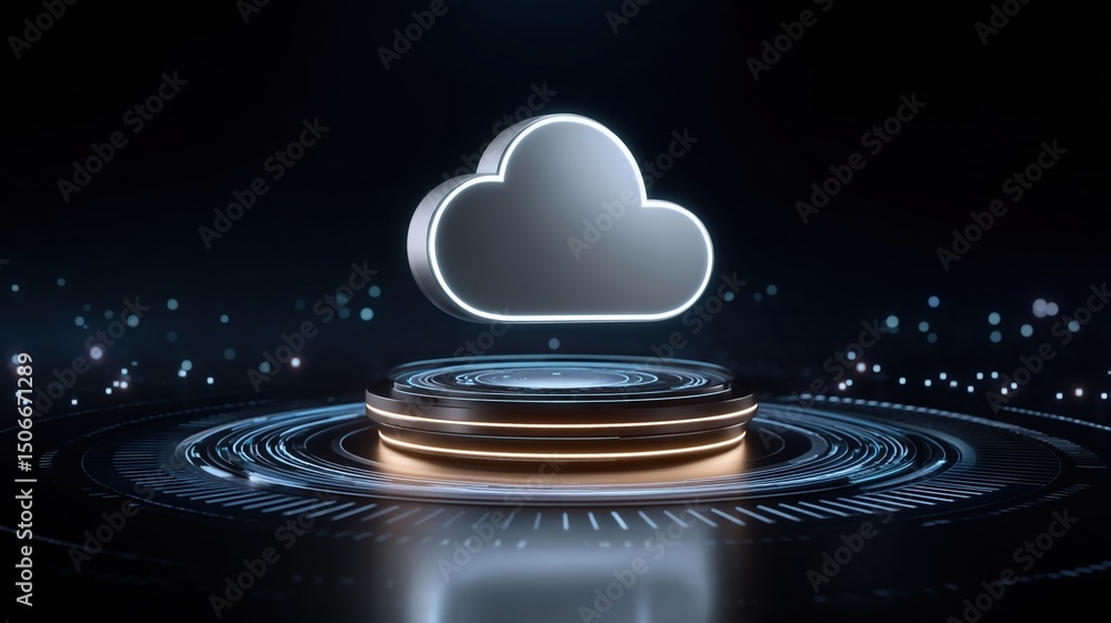 Poster cloud technology concept with modern data center and cloud technologies symbol glowing in dark backg