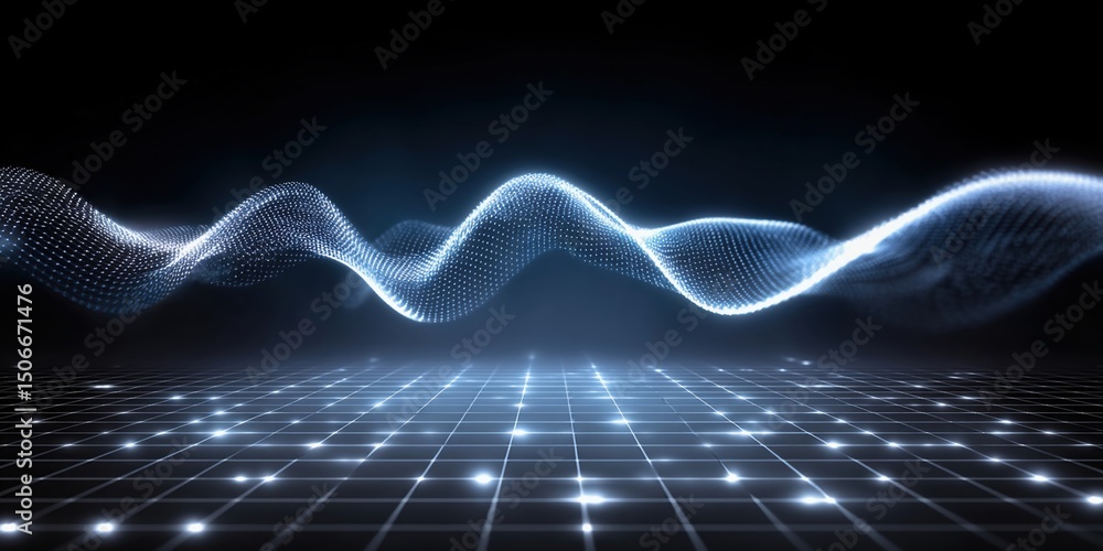 Poster digital cloud technology concept with glowing data center and modern cloud technologies wave in dark