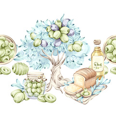Olives and olive oil framed in a seamless pattern illustrating Italian cuisine beauty with nature arrangement
