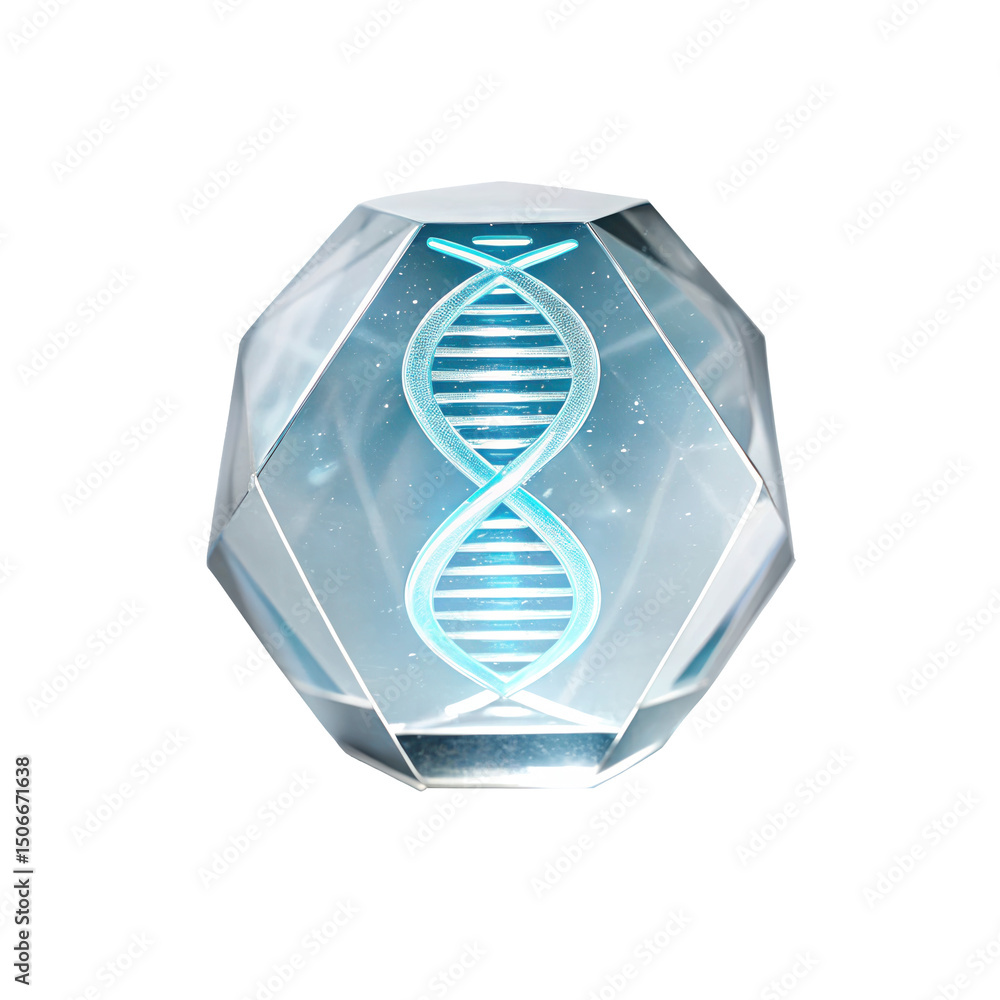 Aufkleber glowing blue dna double helix is encased within faceted crystal polyhedron, symbolizing genetic data