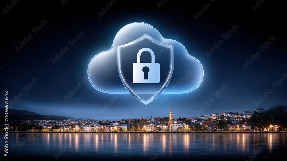 Poster cloud technology concept with shield and lock symbol representing data security in modern cloud data