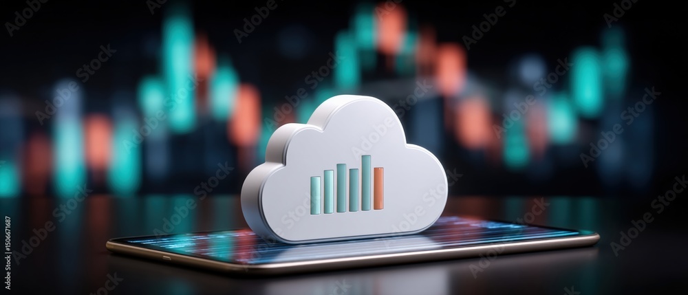Poster cloud technology concept with modern data center and cloud technologies symbol on smartphone screen 