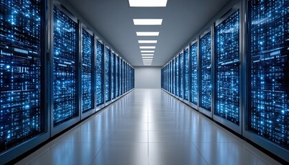 Modern cloud technology concept with data center and cloud technologies glowing in sleek environment