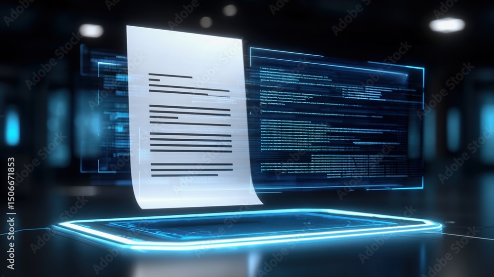 Poster modern cloud technology concept shows data and document processing in futuristic data center with ad