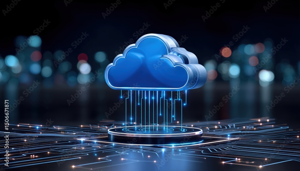 Poster cloud technology concept with modern cloud technologies and data center concept glowing in futuristi