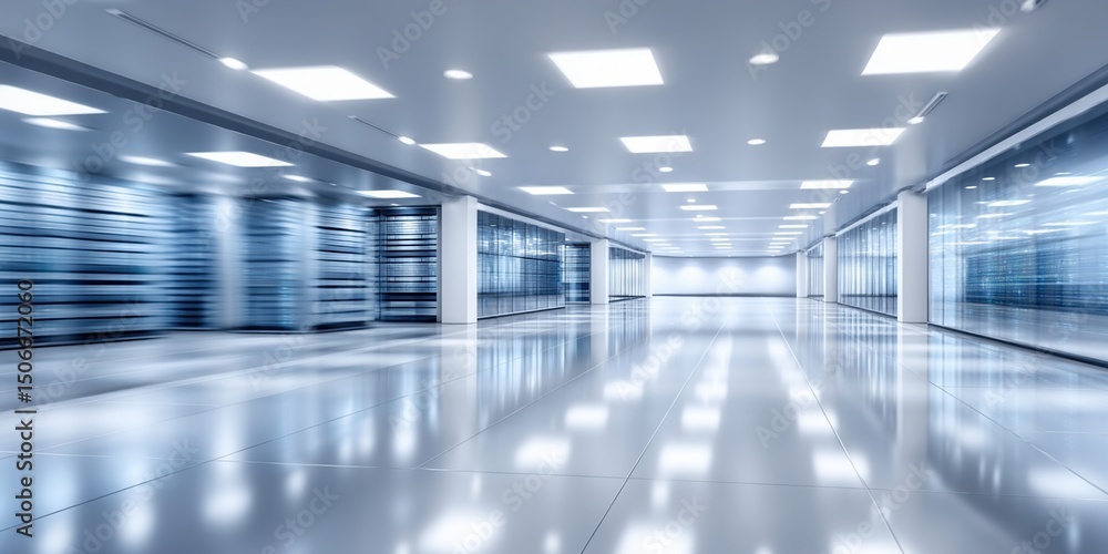 Poster modern cloud technology concept data center with bright lights and reflective floor showing advanced
