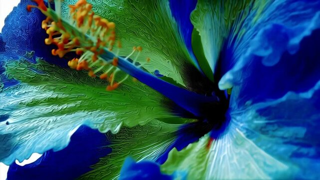 Striking close-up of a green and blue hibiscus flower with orange stamen, depicting vibrant botanical artistry and delicate floral details.
